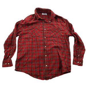 Haband Men Flannel Shirt Large Casual Joe Long Sleeve Button Up Red Plaid Casual